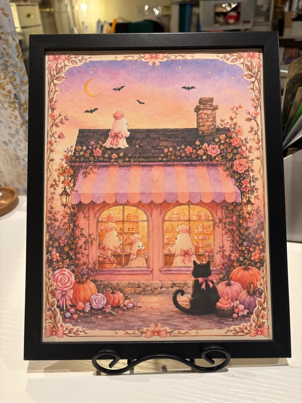 Cute Bakery Scene with Black Cat Framed 8x10 Halloween Art Print